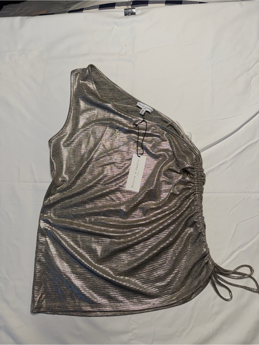 Mauson D’Amellie Asymmetrical One-Shoulder Metallic Ruched Blouse - Silver Large